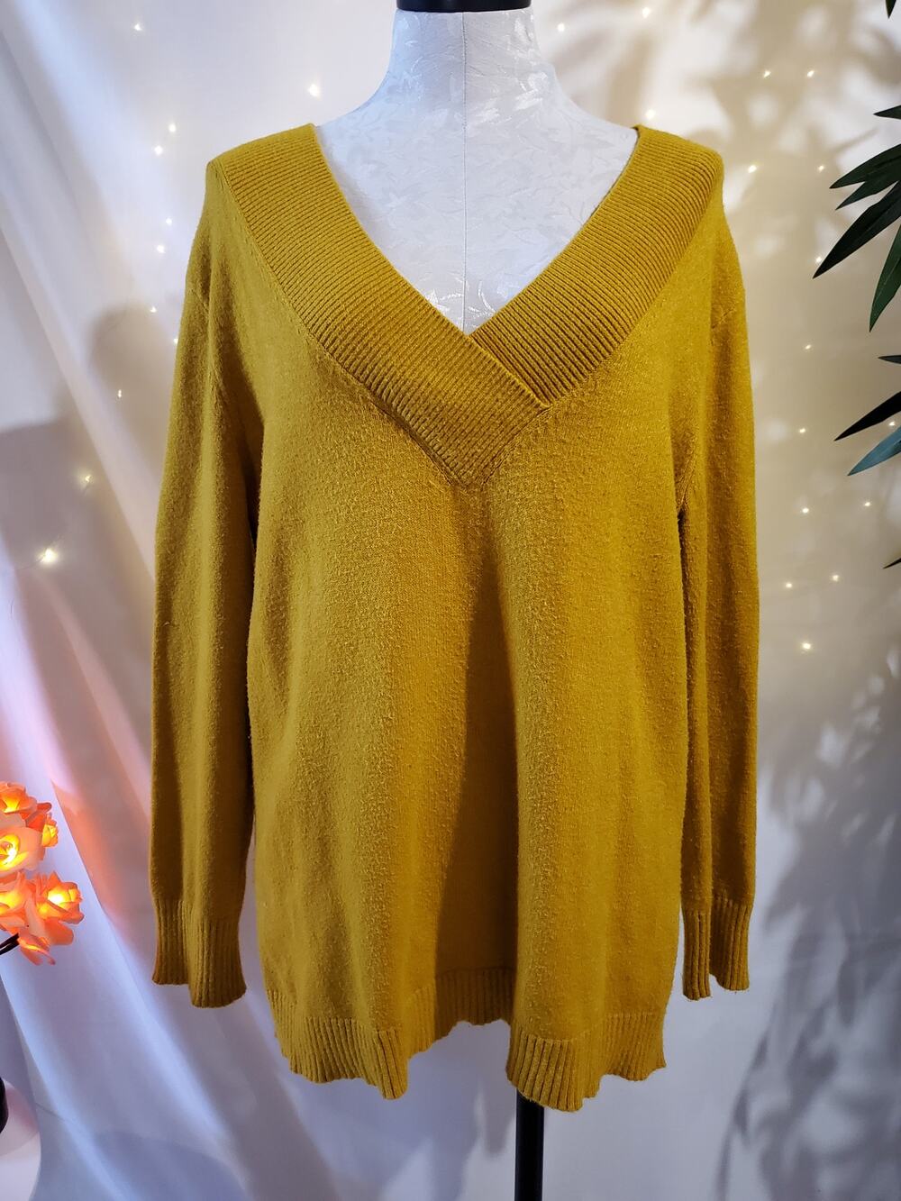 Anthropologie Galizia Mustard Yellow V Neck Knit Oversized Sweater Womens Size M